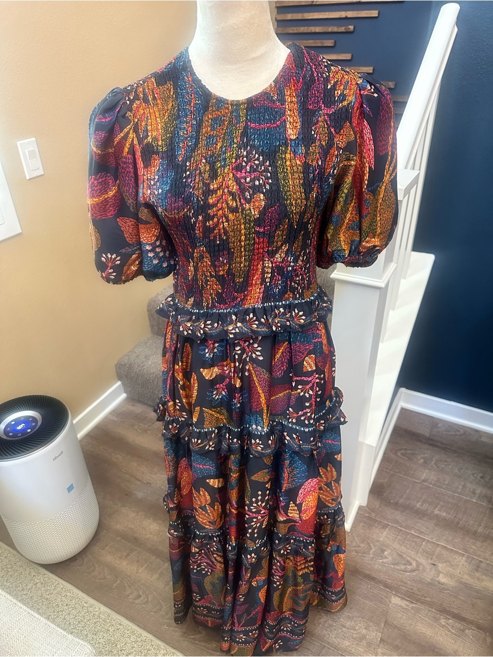 FARM Rio Navy Maxi Dress with Multicolor Floral Leaves